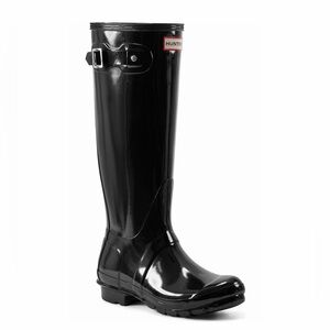 HUNTER Refined Tall Gloss Waterproof Rain Boots in Black, size 8